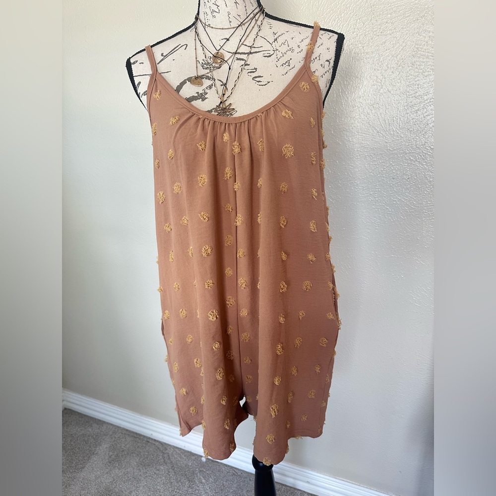Light Brown Boho Beach Romper with Pom Poms and Pockets, Small/Medium